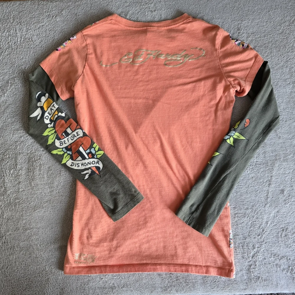 Ed Hardy Coral Pink and Olive Green Long Sleeve Layered Tee - Picture 10 of 14